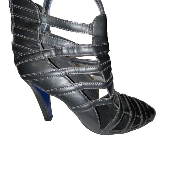 Rebecca Minkoff Black Strappy High Heel Open Cage Booties Pumps Shoes Grey - Picture 3 of 13